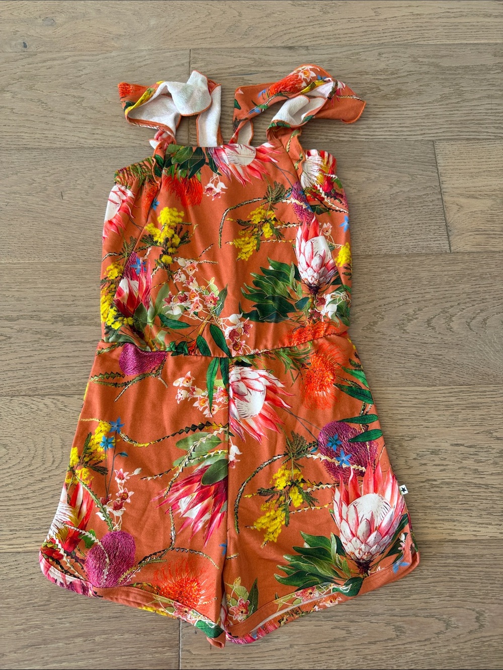 Molo Orange Floral Ruffle-Strap Romper